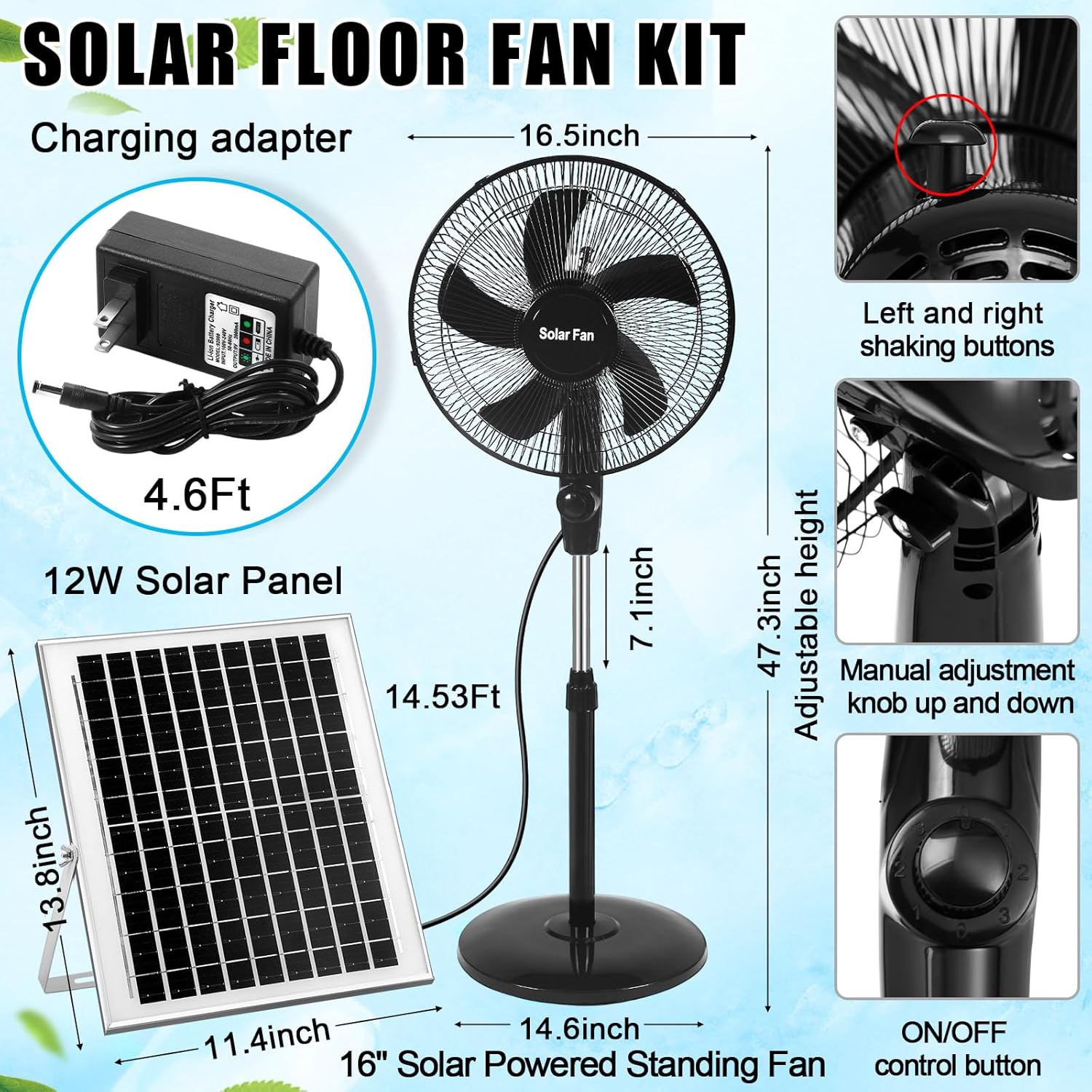 16 Inch Portable Solar Floor Fan Rechargeable Oscillating Standing Pedestal Fan