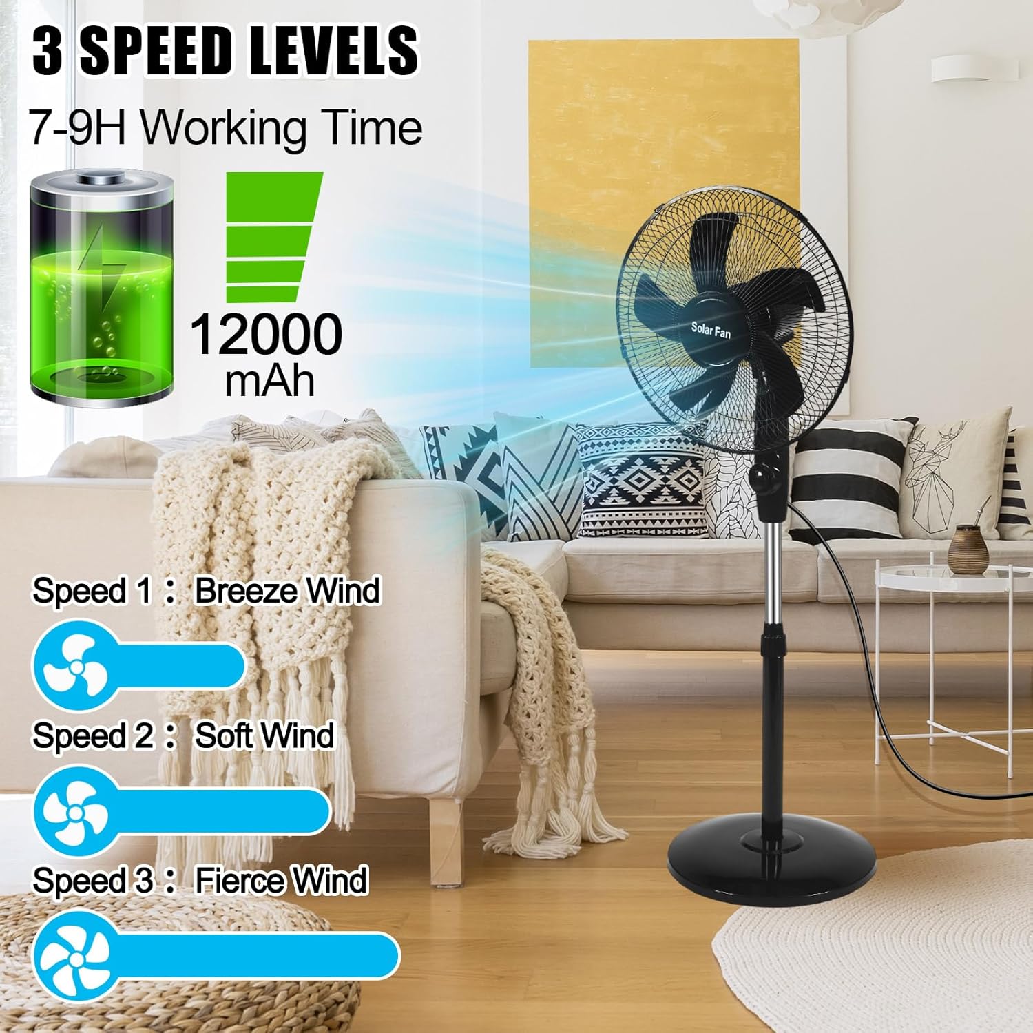 16 Inch Portable Solar Floor Fan Rechargeable Oscillating Standing Pedestal Fan