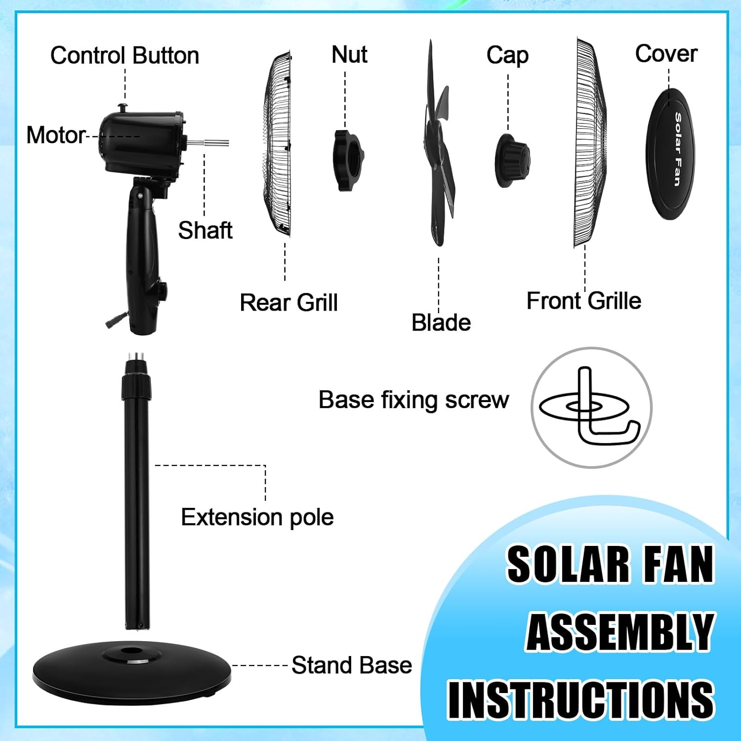 16 Inch Portable Solar Floor Fan Rechargeable Oscillating Standing Pedestal Fan