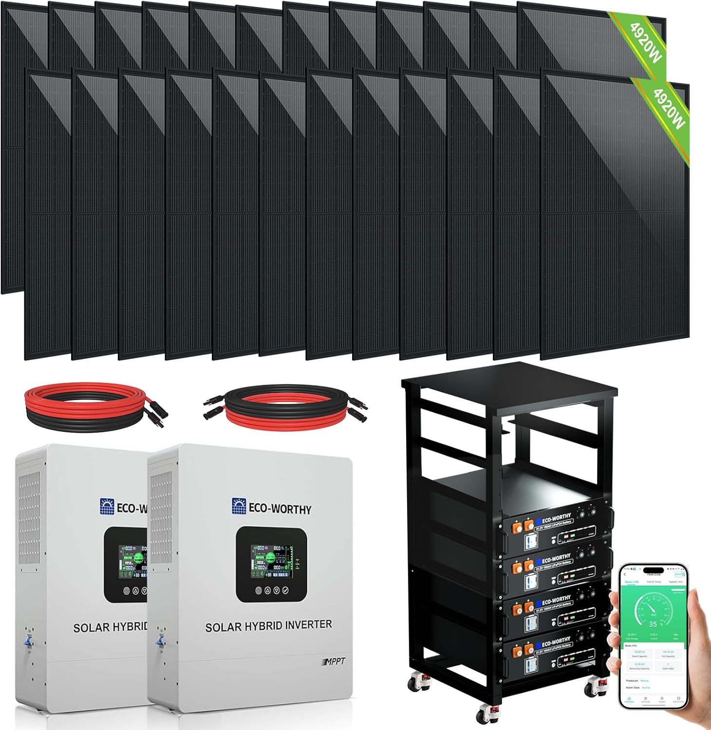 ECO-WORTHY 10000W Complete Off-Grid Solar Panel Kit for Home| 10KW 120V/240V Output Split Phase| 20.48kWh Lithium Battery with Rack| 9840 Watts Solar Panel PV